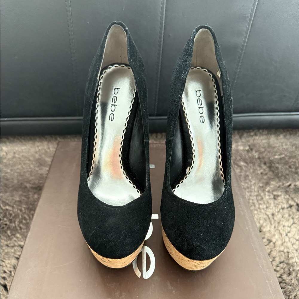 Bebe Black Suede Heels with Tan Platform Rena 6